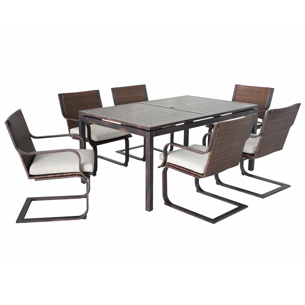 China factory modern design family dinner party garden outdoor dining table and chairs with 6 pcs luxury rattan spring chairs
