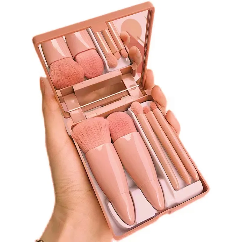 Most popular good quality 5 pcs synthetic hair small makeup brush set travel cosmetic brush with mirror case