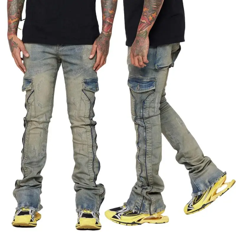 Manufacturer Vintage Washed Denim Pants Men Wholesale Custom Brand Logo Zipper Stacked Jeans Raw Hem Slim Fit Cargo Jeans Flare