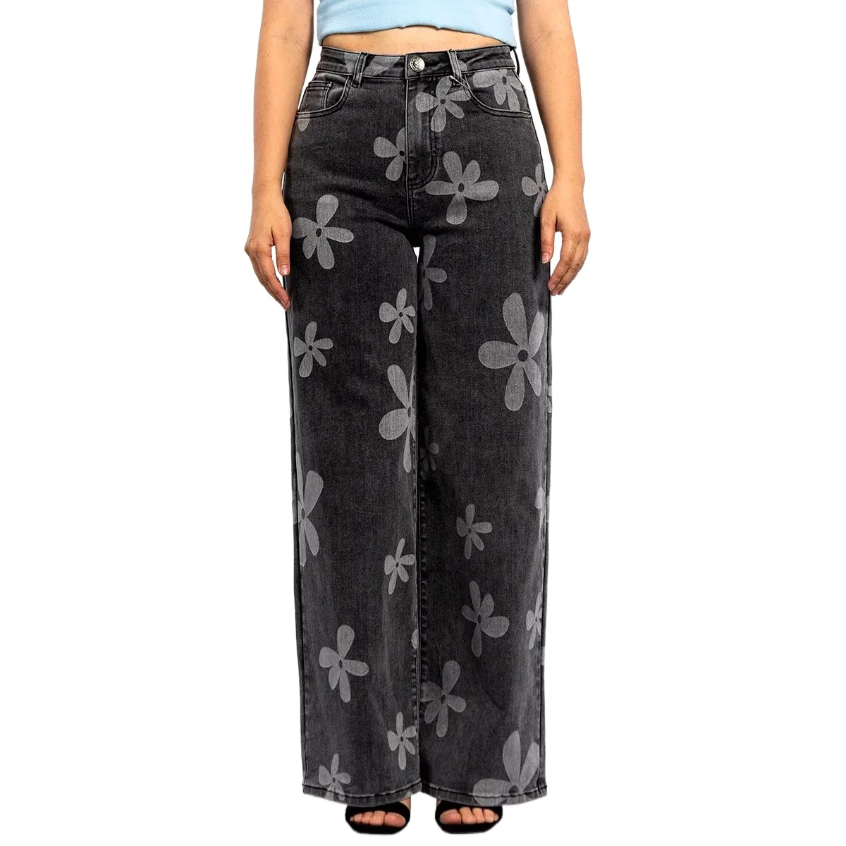 Female Fashion Printed Boyfriend Denim Pants Black Ladies High Waist Straight Wide Leg Jeans For Women Loose Trousers