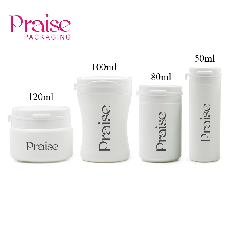50ml/80ml/100ml/120ml HDPE plastic bottle for Xylitol chewing gum, cream jar, customized color round clamshell rip pull cans
