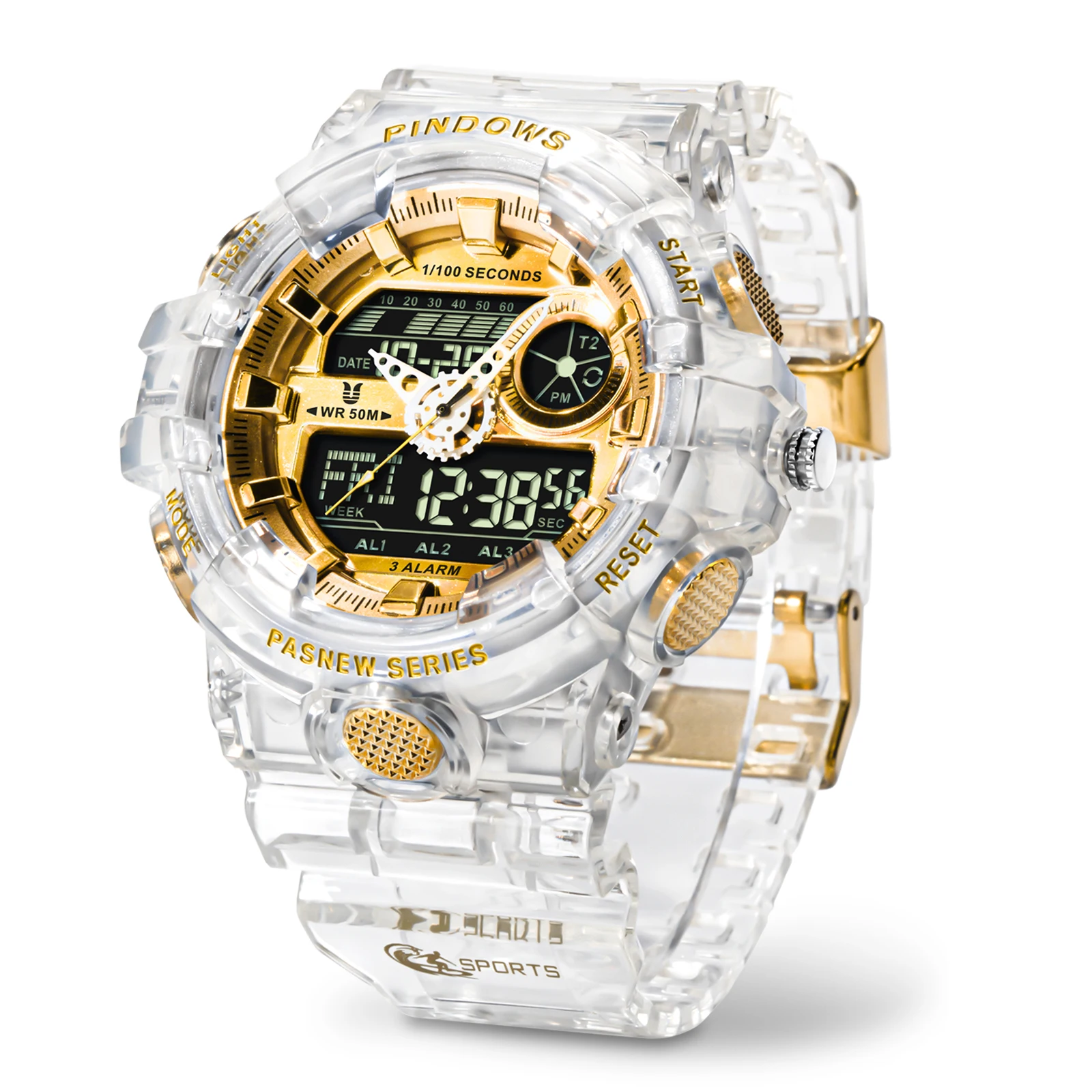 Pindows Stainless Steel Back LED Digital And Analog-digital Light Double Display Digital Sport Silicone Back Light Digital Watch