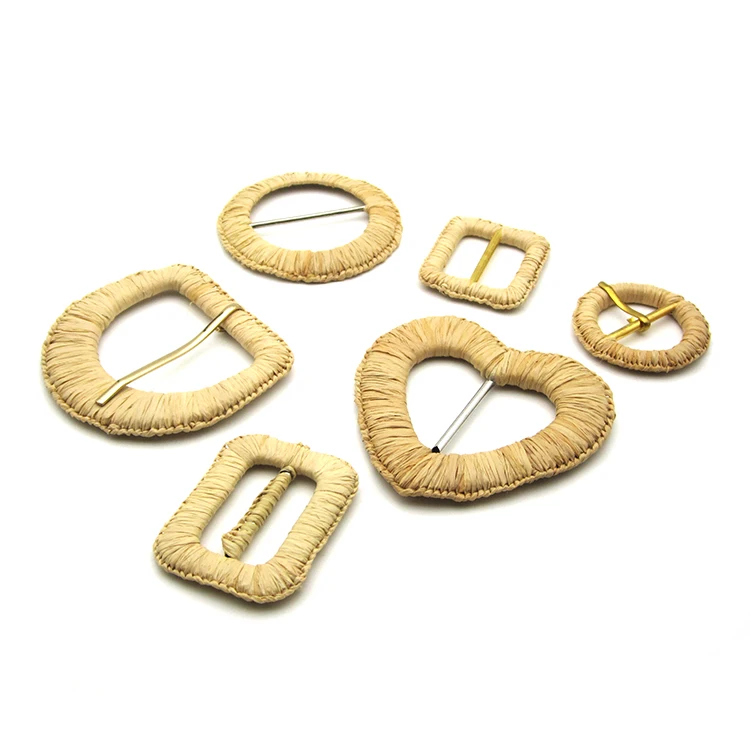 Different Shapes Custom Handmade Natural Raffia Straw Mix Metal Crochet Cover Buckle For Dress Belt