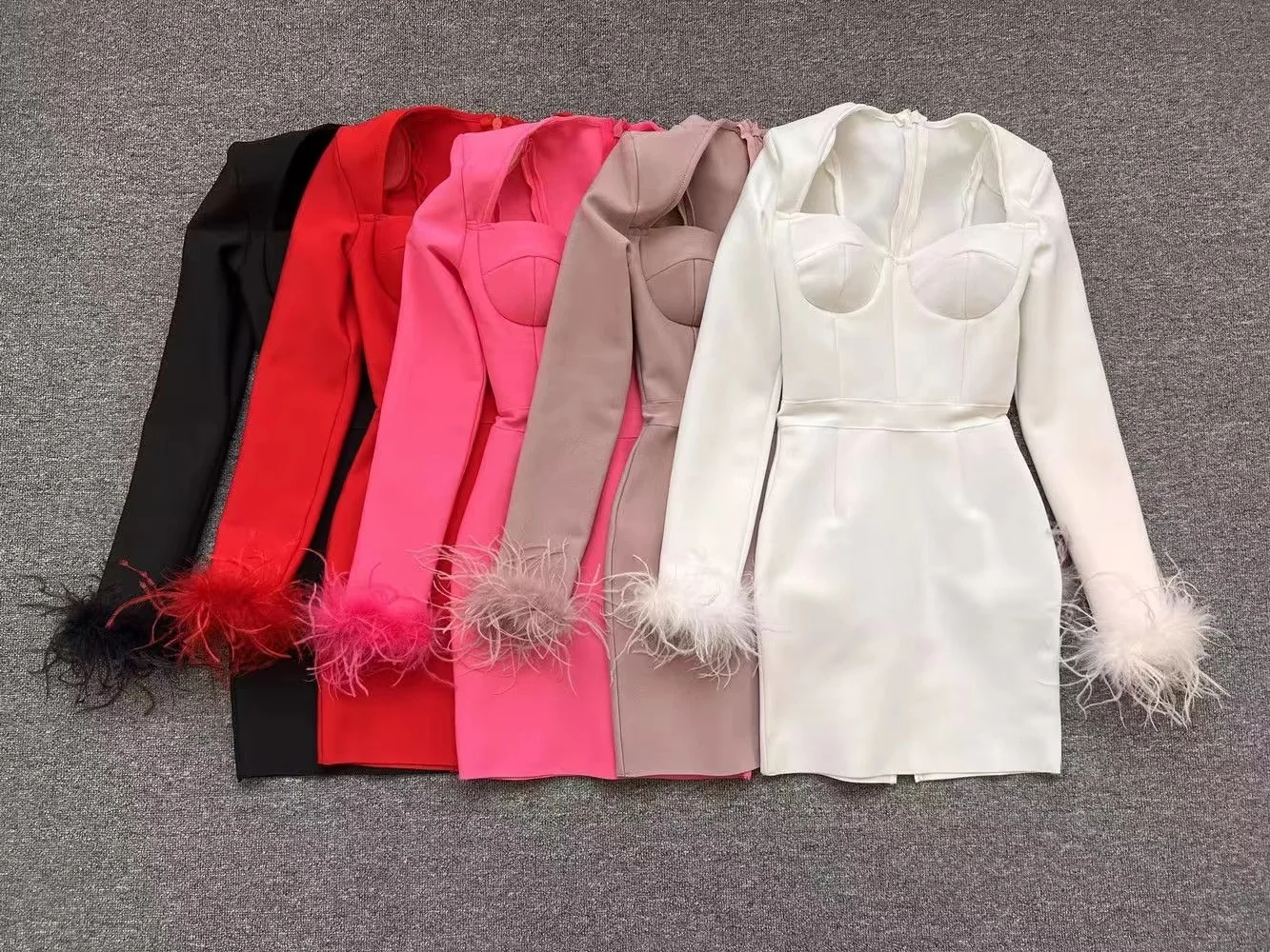 FD2565 Factory Direct Hot Sale Elegant Luxury Mini Short Bodycon Dress Long Sleeve  Feather Bandage Dresses