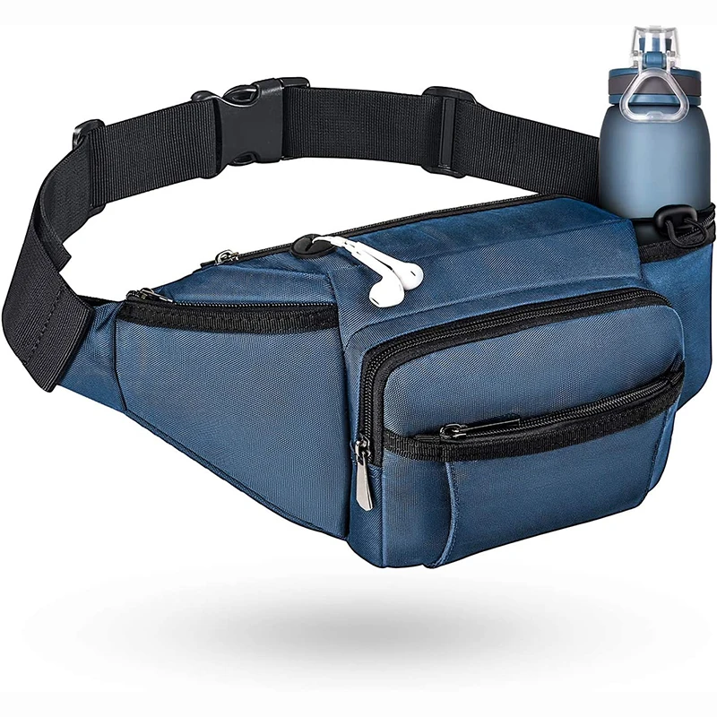 Blue Traveling Hiking Cycling Dog Walking Fanny Pack Large Waist Bag Pack for Men Women Hip Bum Bag With Water Bottle Holder