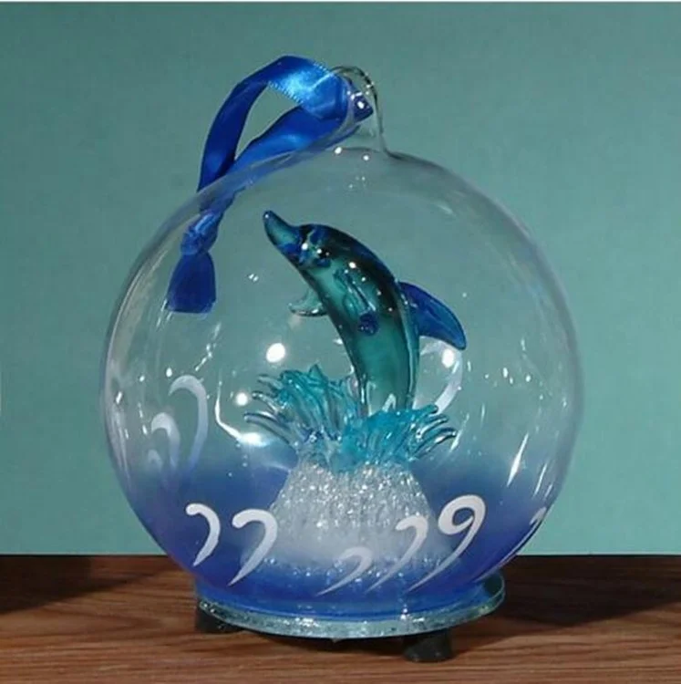 Clear bule glass led hanging ball with jumping dolphin inside light up glass ball