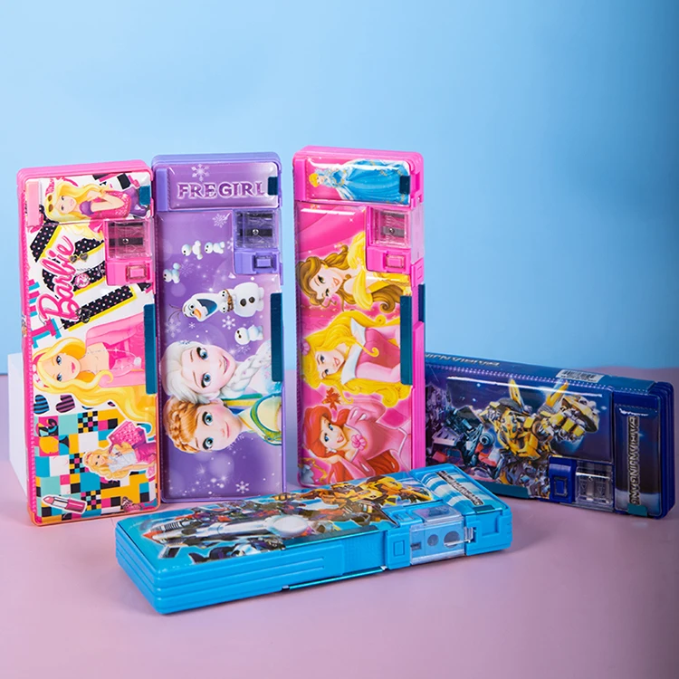 Wholesale Cartoon Pattern Large Capacity Kids Colored Pen Pouch Beautiful Magnetic Pop Out Stationery Pencil Case With Sharpener