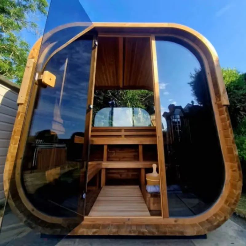 Traditional cedar wood waterproof outdoor steam sauna rooms with glass front windows