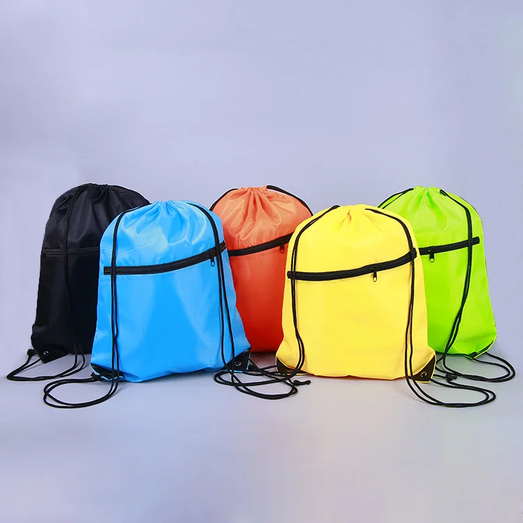 Cheap 210D Nylon zipper Drawstring Bags Custom Logo Drawing String Bag promotional gym Backpack
