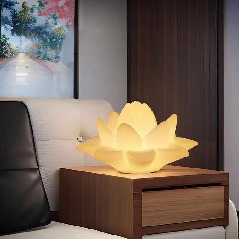 Custom Artificial Lotus Flower PE Plastic Cordless Remote Control LED Table Lamp