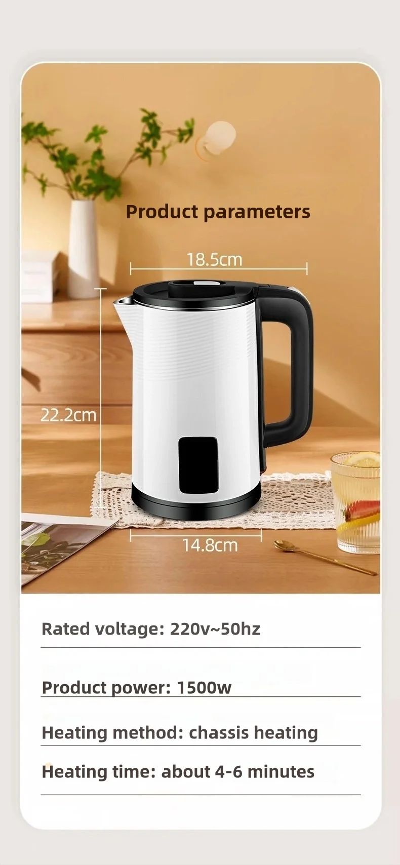 OEM Customizable 1.8L Double Wall Electric Kettle Cordless Teapot Fast Boiler Stainless Steel Portable Home Hotels Tea Glass