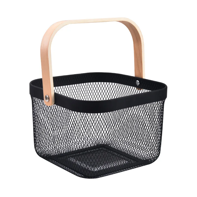 Household wholesale multi-functional  square wire with wood handle storage basket