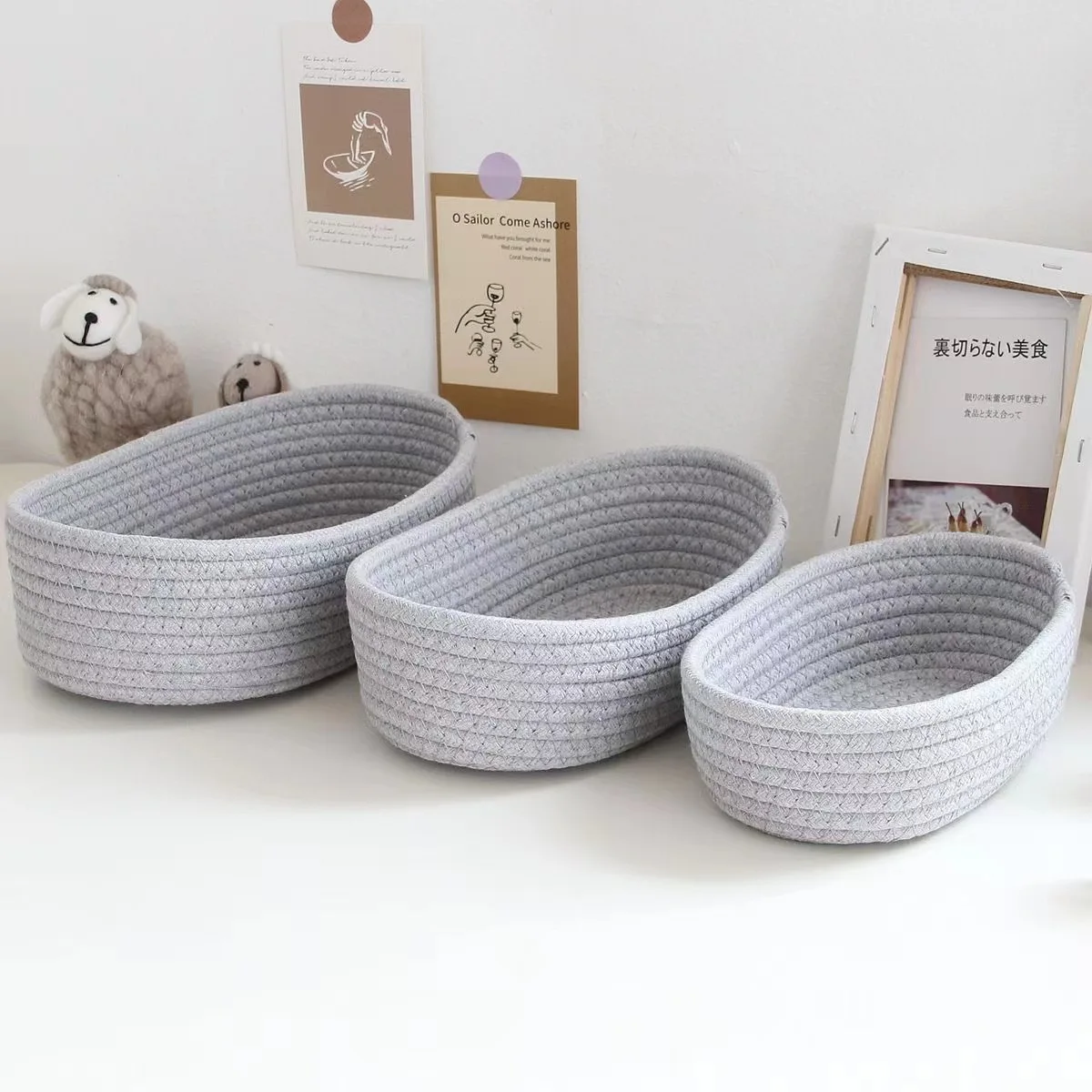 New Arrival 3pc Cotton Laundry Storage basket Boat shaped woven basket Shelf Decorative Bin Toy Organizer