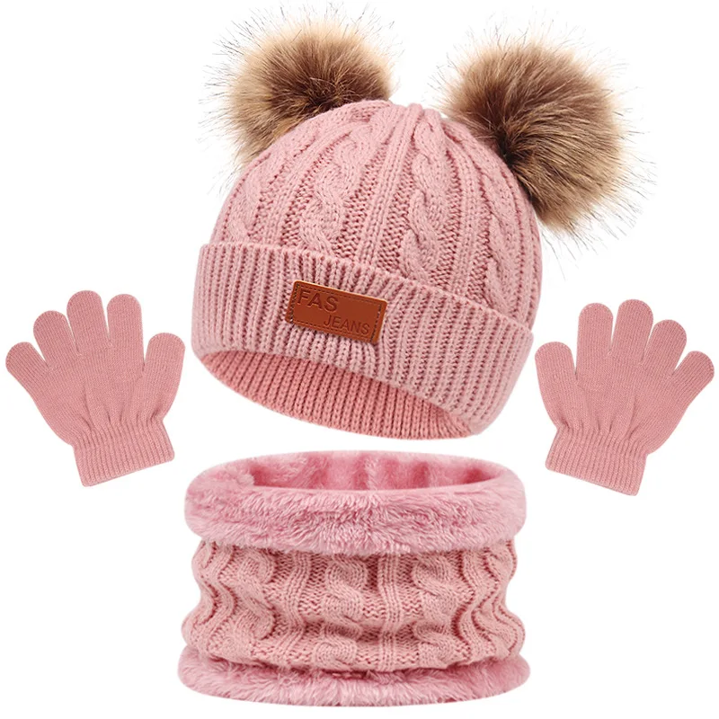 Kids Infant Winter Warm Knit Soft Thickened Beanie Hat Gloves Scarf  Neck Face Warm Set with Fleece Skull Caps  With Pom