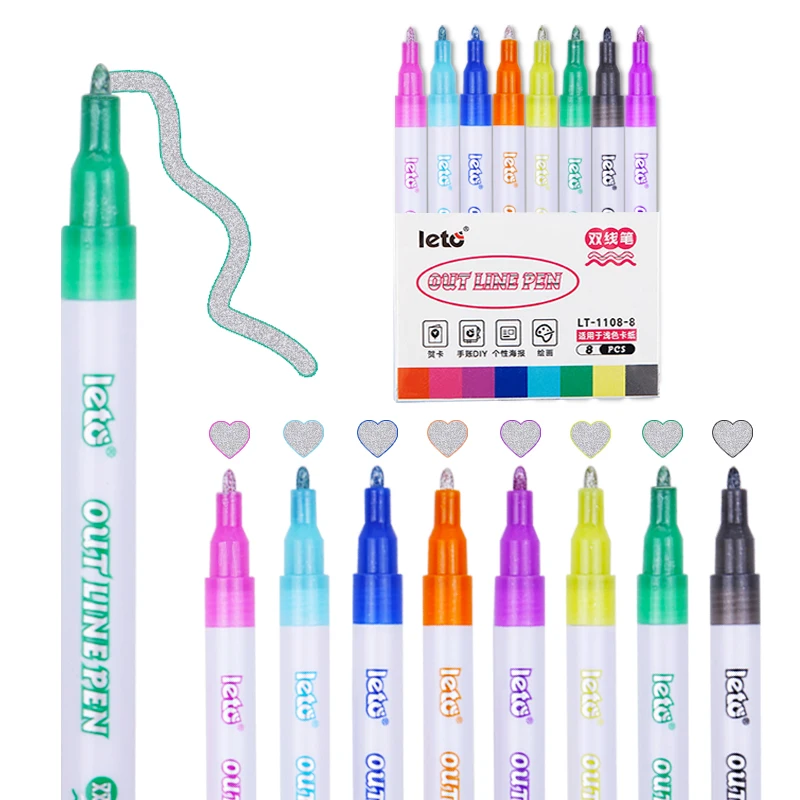 8/12/24 colors Double Line Paint for Gift Cards Rock Painting DIY Photo Album Scrapbook Crafts Outline Metallic Marker Pens