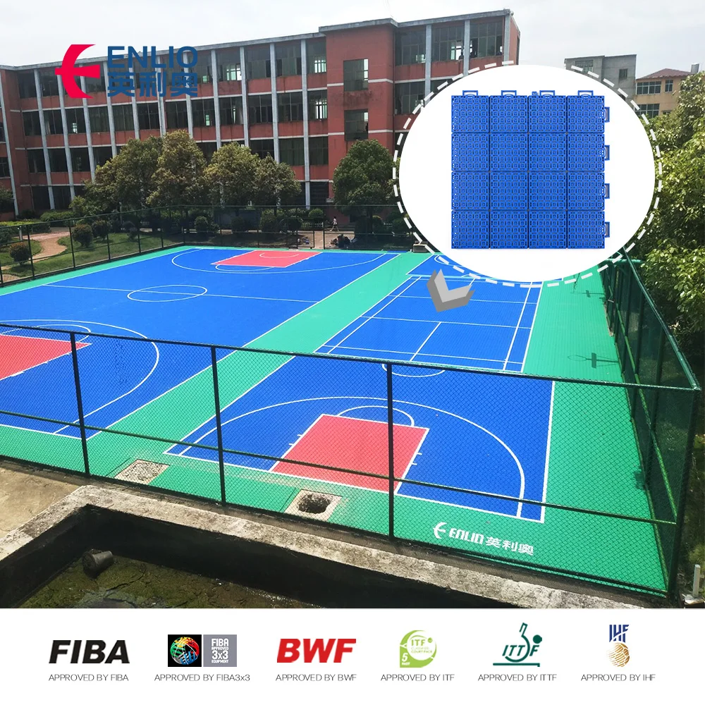 Enlio FIBA Approved Basketball Flooring Wood Interlocking Plastic Flooring Basketball Court Outdoor Plastic Rubber Tiles