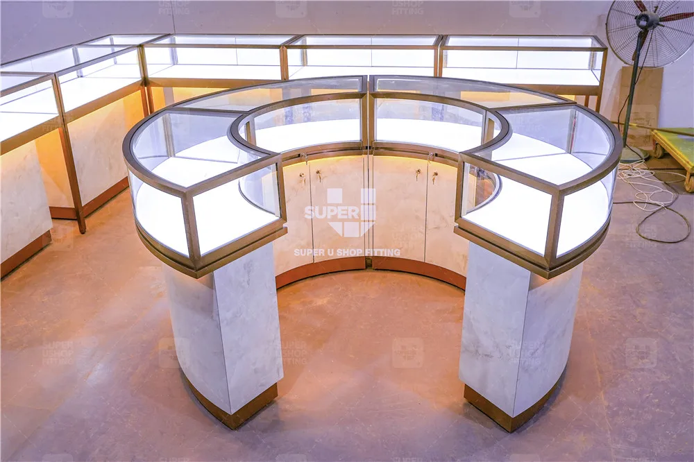 Custom Gold Metal Jewellery Display Showcase Rectangle Glass Jewelry Display Counter Table for Jewelry Shop