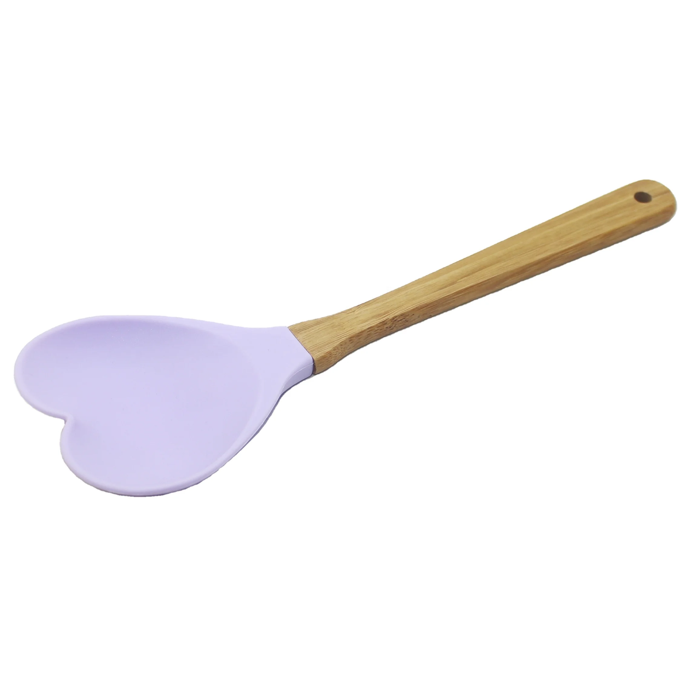 Best selling purple heart shaped non slip bamboo handle hanging kitchen silicone spoon