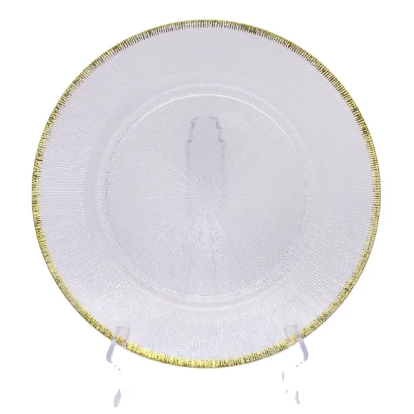 Wholesale Elegant Gold Rimmed Wedding Charger Plates Custom luxury glass plate with gold rim for wedding birthday party service