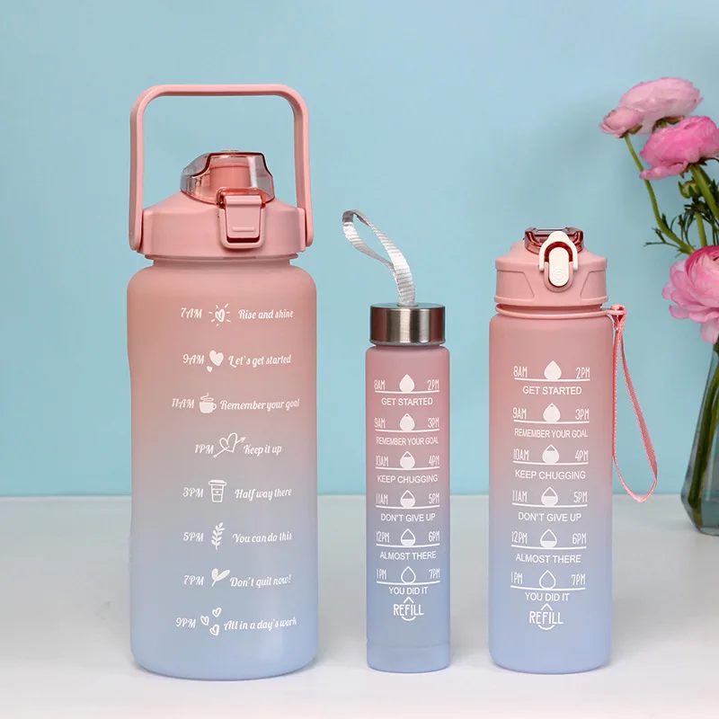 3 in 1 water bottle sport plastic motivational time marked stamp water de para drink bottle bkue pink with time maker