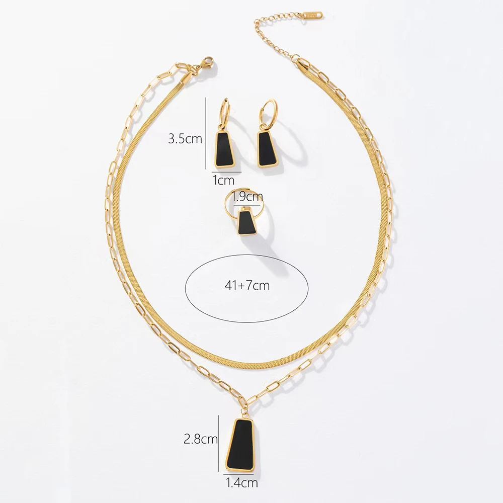 Minimalist 3Pcs Double Layer Clavicle Chain Stainless Steel Geometric Rectangular Black Shell Pendant Necklace Earrings Ring Set