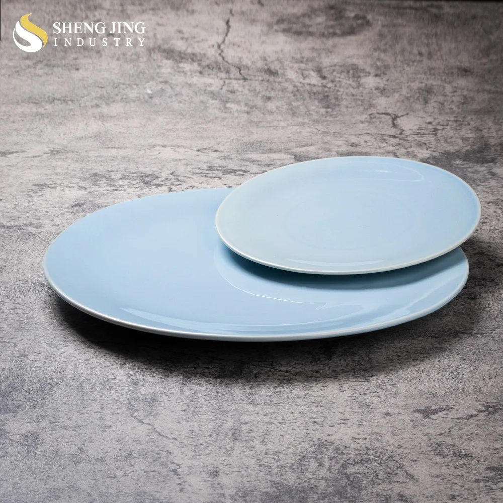Light Raised Edge Vajilla Platos Blue Reactive Dinner Plate Side Prato Ceramic Dinnerware Flat Steak Dishes Coupe Round Plate