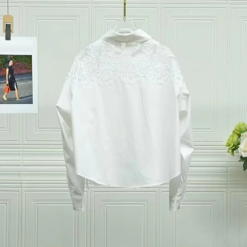 2024 Spring Fashion White Blouses High Quality Women Turn-down Collar Lace Embroidery Long Sleeve Elegant Work Shirts Blouse