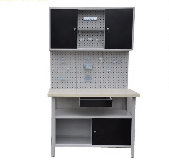 Functional  metal workbench set with storage tool cabinets in workshop and garage