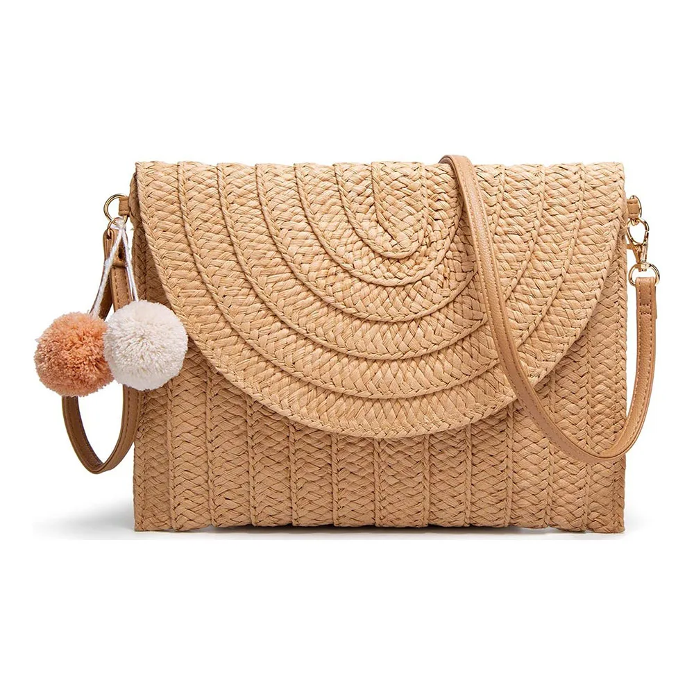 Straw Shoulder Bag Straw Clutch Women Hand Woven PomPom Straw Crossbody Bag Summer Beach Envelope Purse Wallet