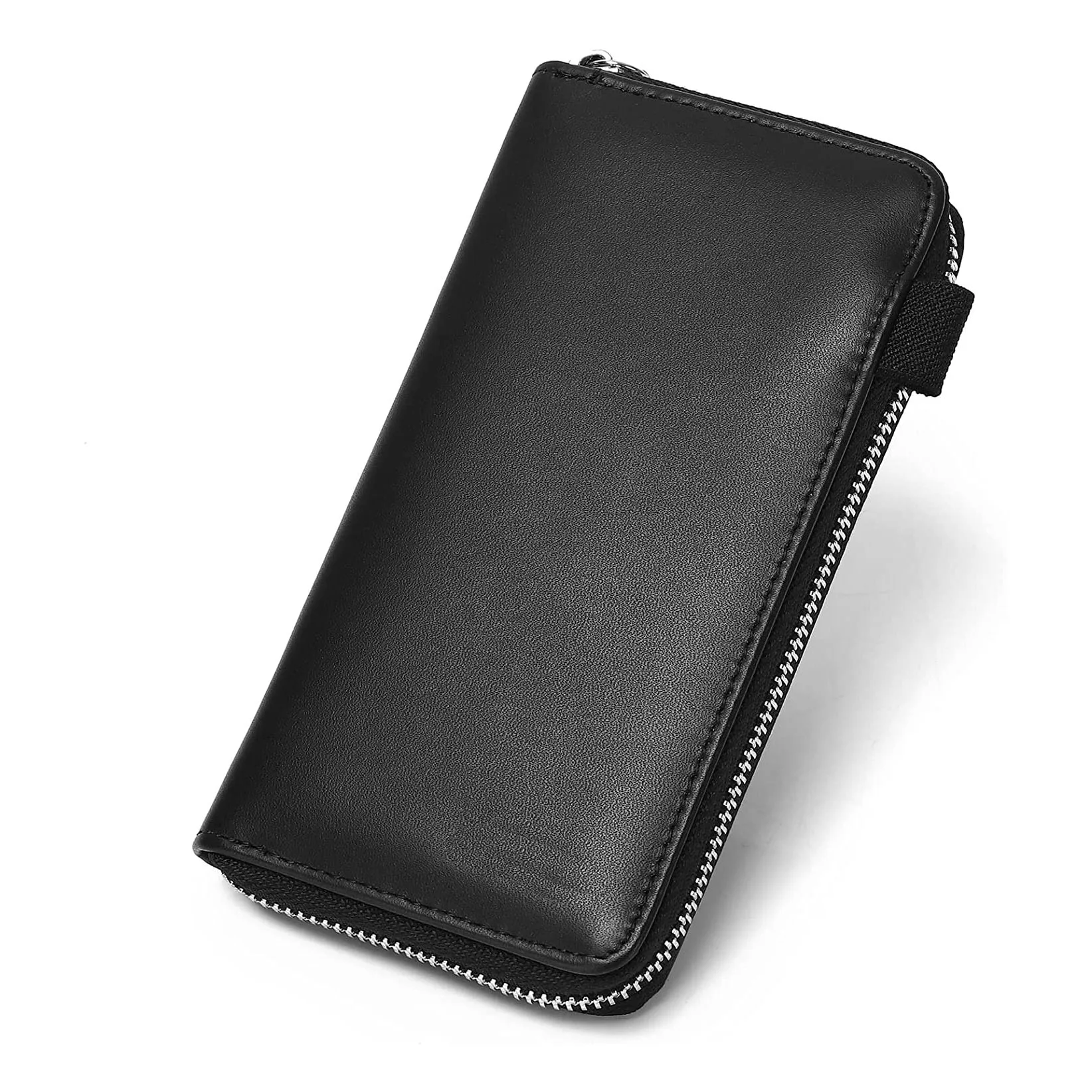 Mens Leather Zip Checkbook Cover Rfid Check Holder Wallet with Dividers and Card Holder Grey 001 Italian Calfskin Luxury Long