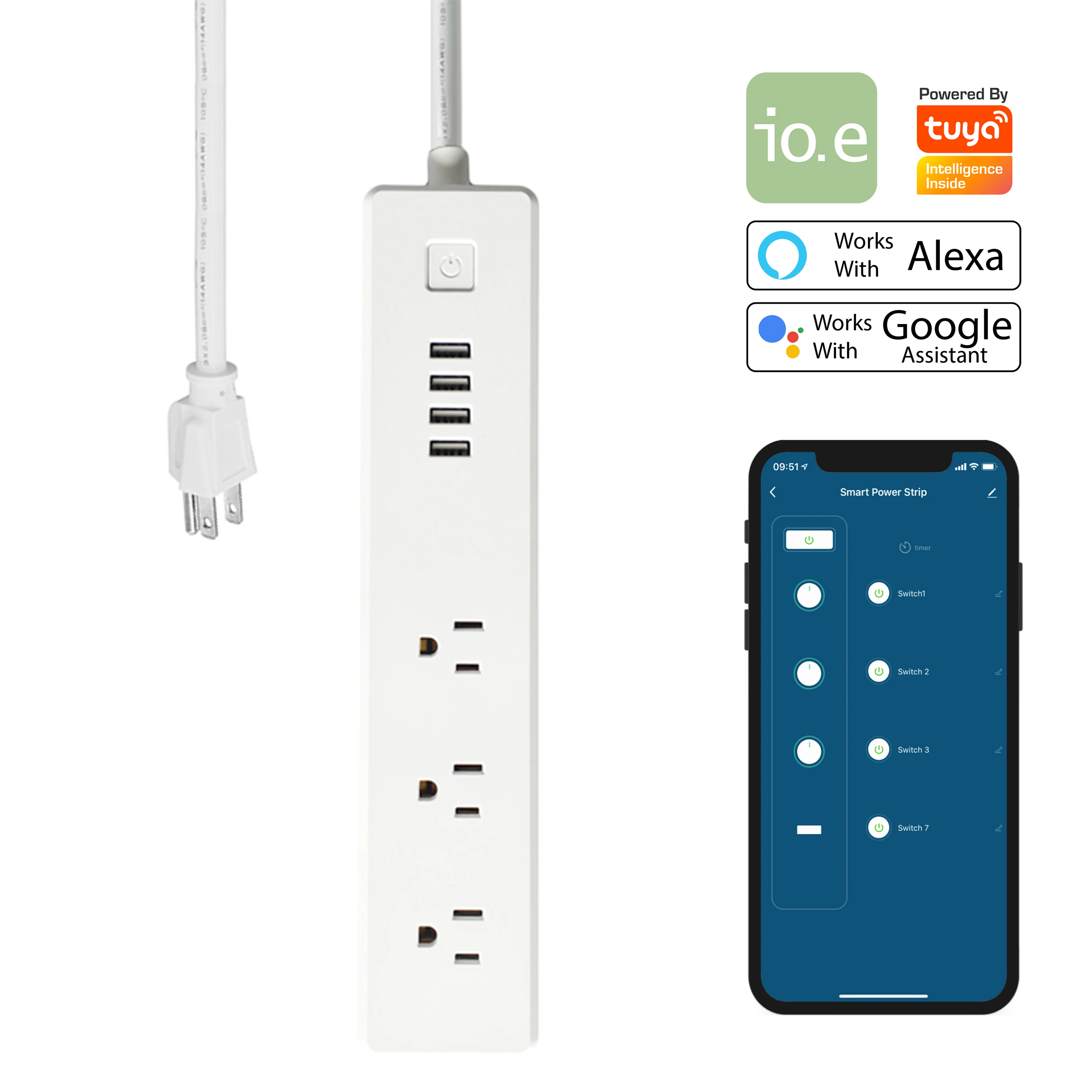 Smart Wi-Fi US Power Strip APP control power meter function 10A 1875W 90-125V Tuya Smart works with Alexa and Google Assistant