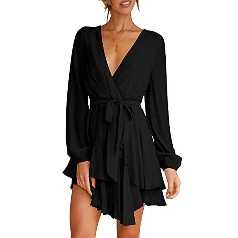 2022 Amzaon Hot Selling Summer Women Long Sleeve  Dress Casual Party Evening V Neck Waist Tie Ruffle Mini Swing Skater Dresses