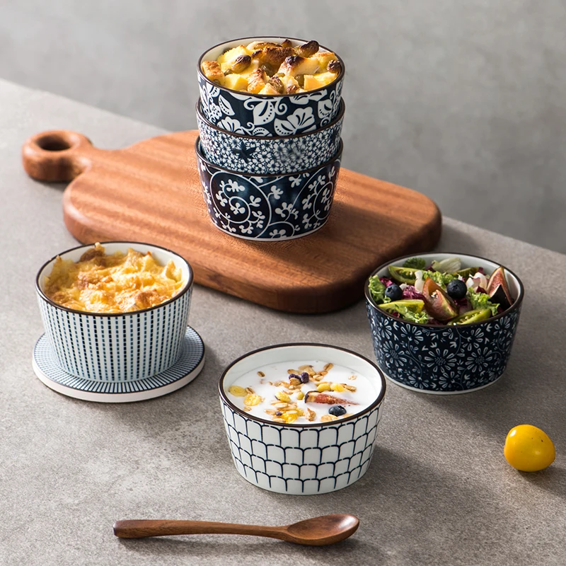 Wholesale Japanese Korean style baking dish cream pudding fruit bowl stoneware ramekin ceramic baking bowl set with pattern