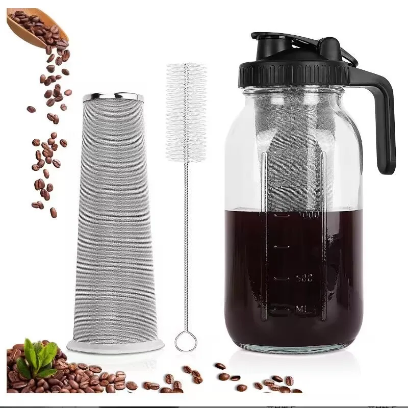 64oz Glass Mason Jars Drinking Pitcher with Pour Spout Lid Large Iced Coffee Glass Bottles With Stainless Steel Filter