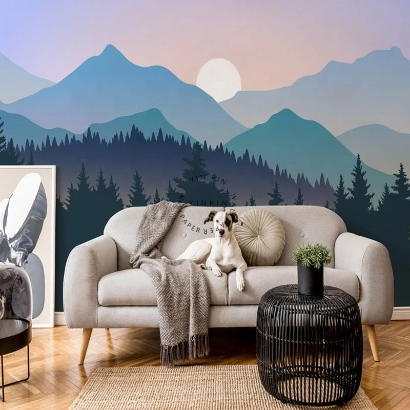 Living room forest sunset wallpaper bedroom sky mountain mural