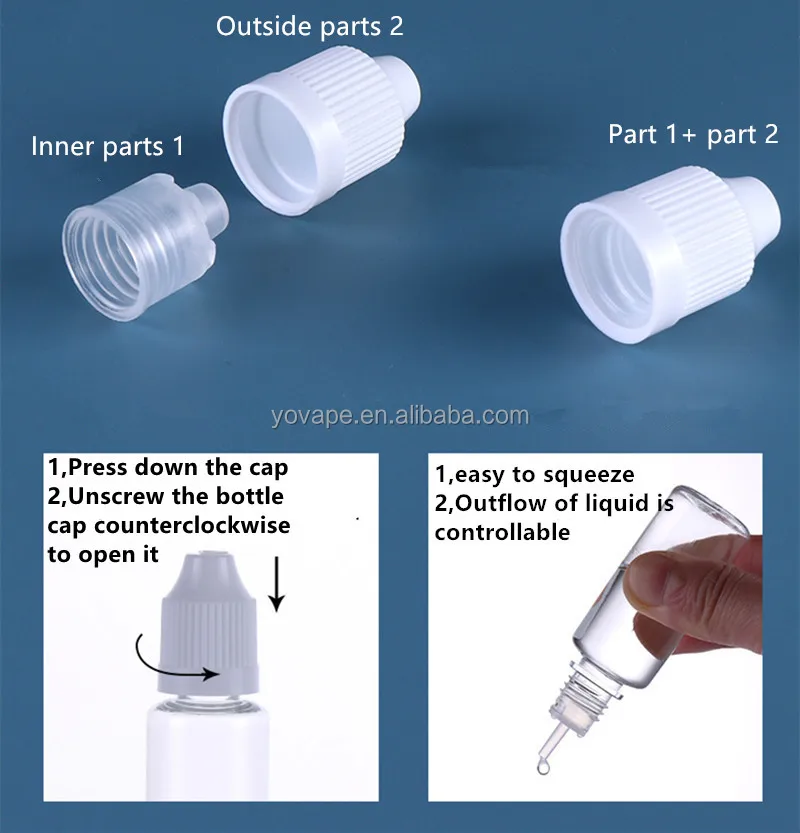 Squeeze Transparent 3ml 5ml 10ml 15ml 20ml 30ml 50ml 60ml 100ml 2 oz child proof & long thin short plug PET clear plastic bottle