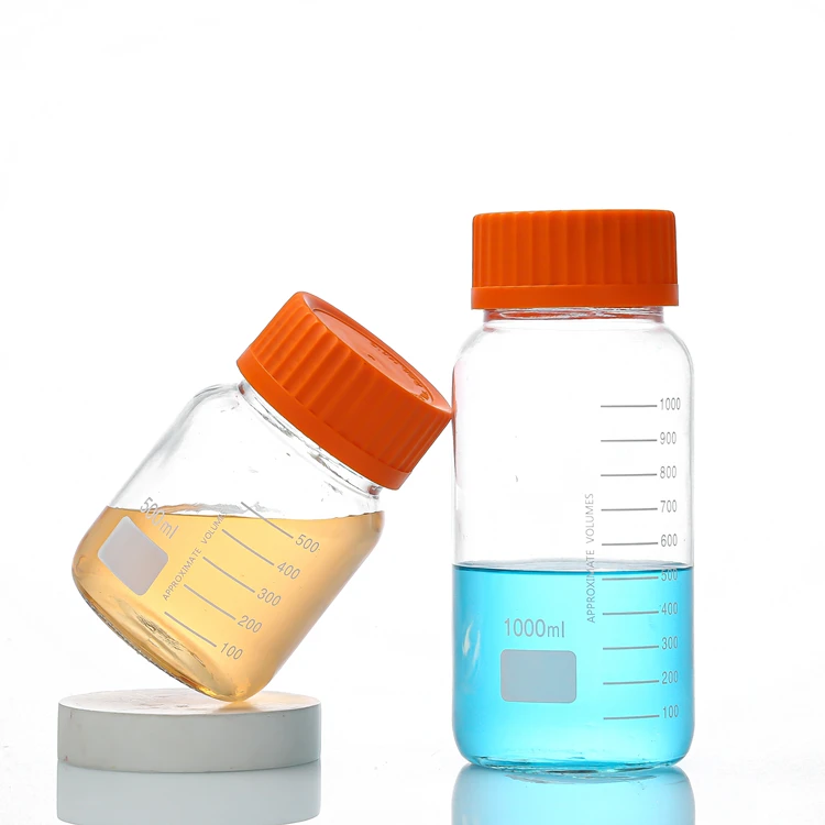 Mass Stocked Clear 500mL Graduated Round Media Storage Glass Bottle With GL45 Blue Polypropylene Screw Cap