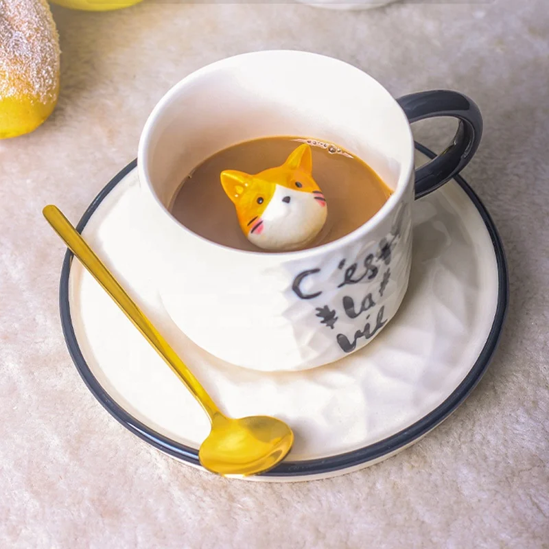 Wholesales 7oz 220ml Cute Unique Cat Coffee Tea Birthday Gift Ceramic Animal Mug Cup with Saucer