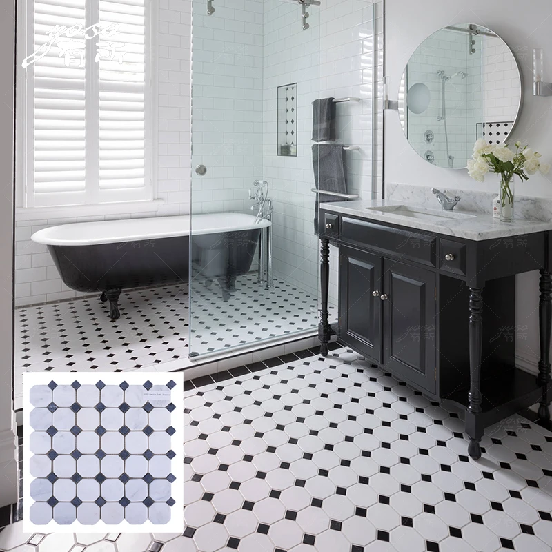 White marble nero marquina waterjet mosaic tile characteristics octagon stone mosaic for bathroom floor decorative wall