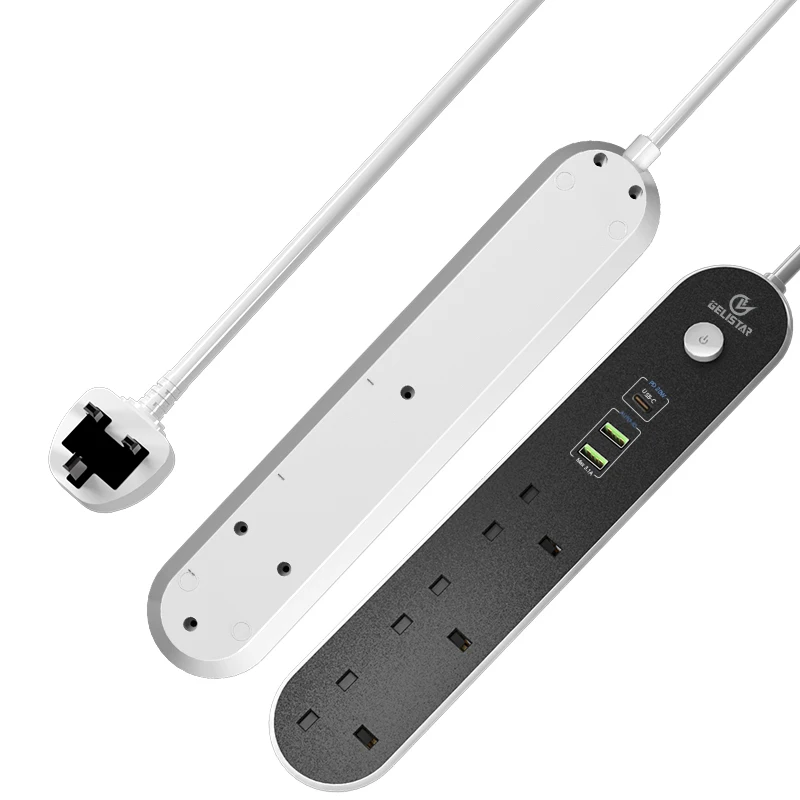 British Multifunctional USB Power Strip Type C PD Quick Charger Surge Protector Extension cord 3outlets Socket 2M Copper UK Plag