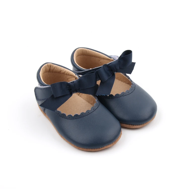 BEIBEINOYA Bowknot Hook And Loop Navy Blue Leather Sizes 2 To 5 Soft Sole First Walker Shoe Baby Dress Shoes For Girls