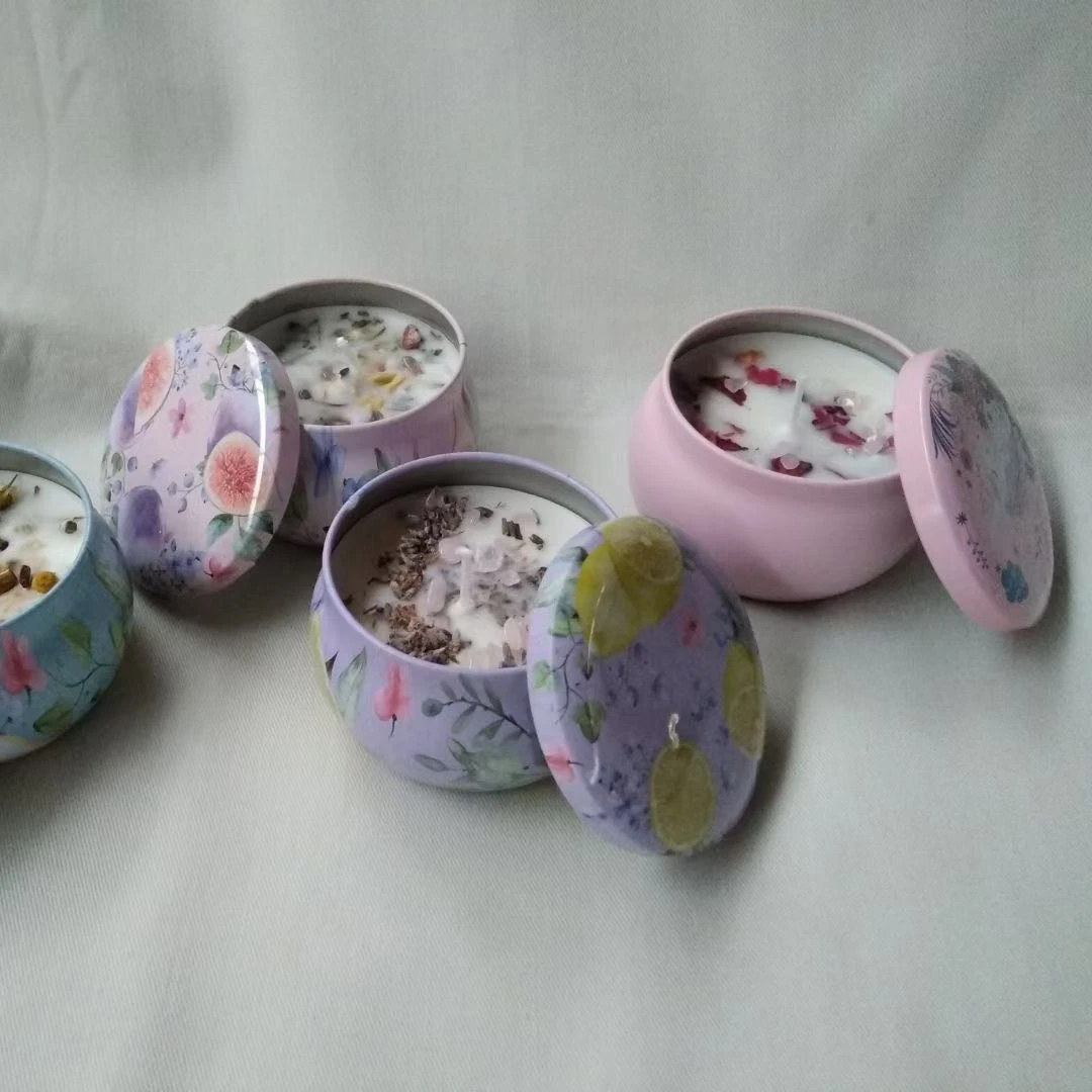 Cheap price custom private label/logo luxury scented soy wax candles in tins/jars with crystal dried flower