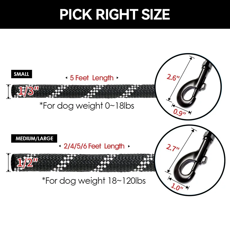 MayPaw Heavy Duty Rope Dog Leash, Nylon Pet Leash, Soft Padded Handle Thick Lead Leash for Large Medium Dogs Small Puppy Black