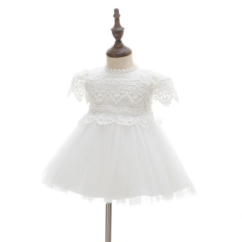High Quality Short Sleeve Lace Baptism Christeing Baby Long White Dress