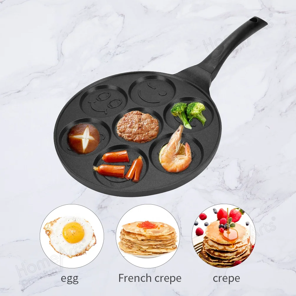 Factory price 26cm kitchen 7 holes Egg cooking non stick frying smiley pancake pan