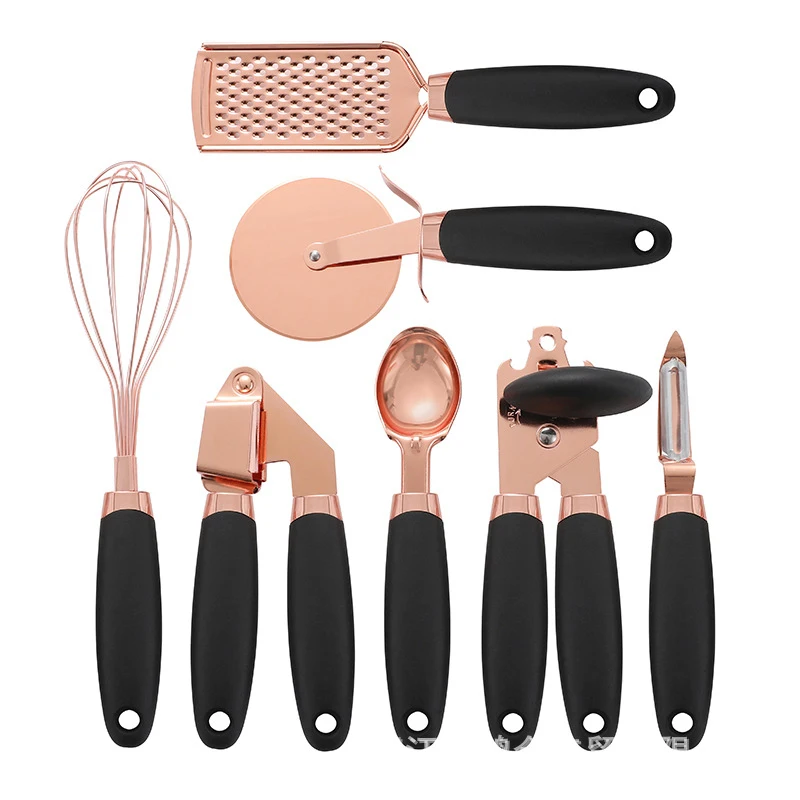 Nonstick Heat Resistant Kitchen Gadgets Tools Silicone Handle Garlic Press Pizza Cutter Kitchen Utensil Set Stainless Steel