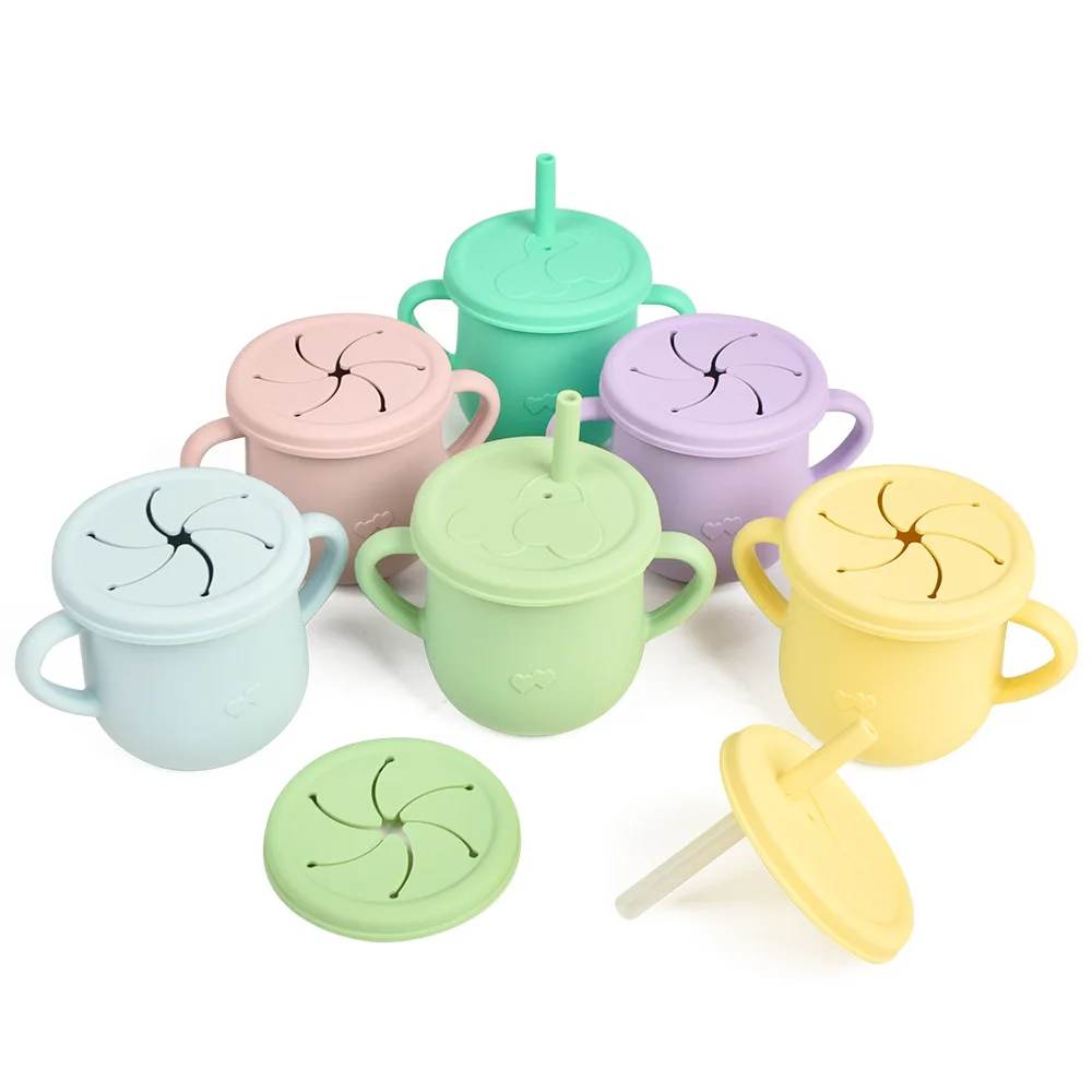 Baby Kids Children Leakproof Spill Proof Silicone Water Drinking Training Cups Straws Lids Handle Snacks 2 in 1 BPA Free