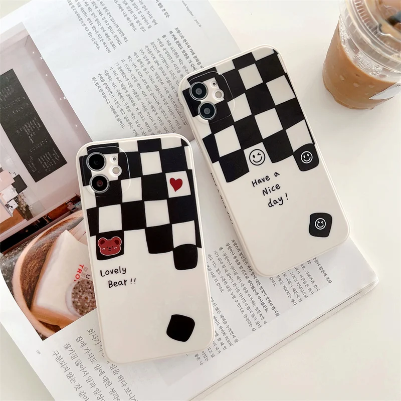 Wholesale Cartoon Lattice Bear Cute Cases For iphone 6 7 8 plus XS XR 11 12 13 MINI PRO Max Soft TPU Fully Cover Silicone Case