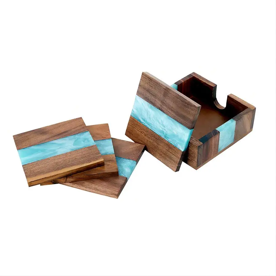 Wholesale Custom Logo Round Wooden Coaster Set of 4 Pieces with Holder Acacia Wood and Epoxy Resin Coasters for Drinks