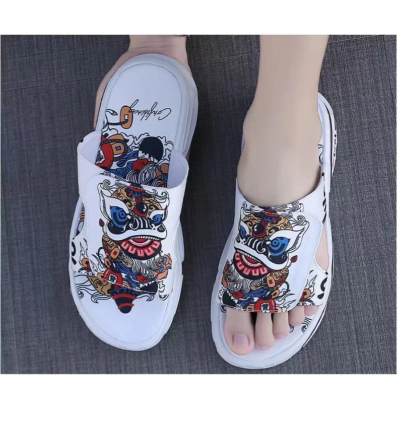 Popular Chinese-style Lion Dance Men Slippers Summer Outdoor Platform Sandals Trend Beach Shoes